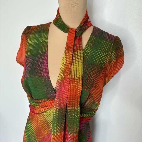 BcbgMaxazaria Silk Knee Length Dress Neck Tie Diamond - Picture 3 of 16